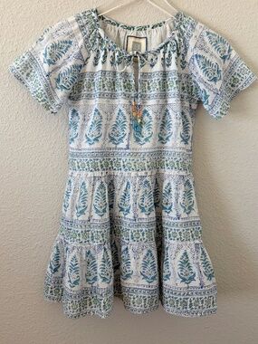 Bell by Alicia Bell Girls Blue Block Print Dress Size 10 Short Sleeve Tassel Tie